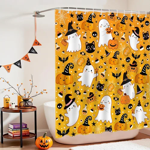 Miniatura 8 de Mocsicka Cortina de ducha de fantasma, fantasma, fantasma, caricatura, gato, calabaza, cortina de ducha de tela impermeable para Halloween