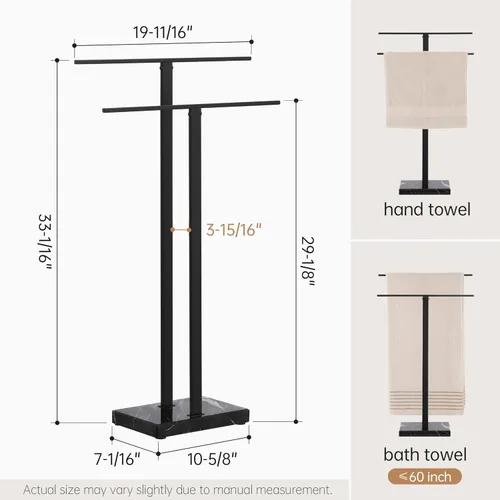 Miniatura 5 de KES Soporte de toallas de pie con base de mármol natural negro, soporte de toallero de 2 niveles para piso de baño, soporte para toallas de baño