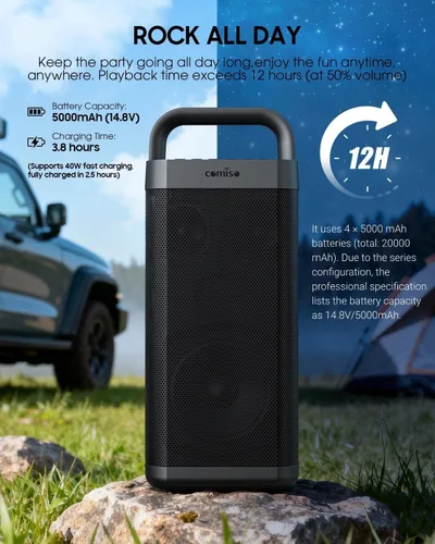 Miniatura 4 de COMISO Altavoz Bluetooth portátil con graves profundos, 150W de potencia máxima, altavoz impermeable IPX6 para exteriores con 12 horas