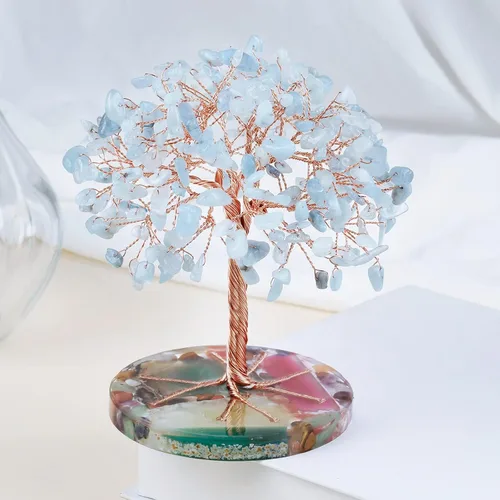 Miniatura 3 de Nupuyai Árbol de dinero de piedra de cristal aguamarina envuelto en rodajas redondas de ágata orgónica, árbol de la vida, bonsái de Feng Shui