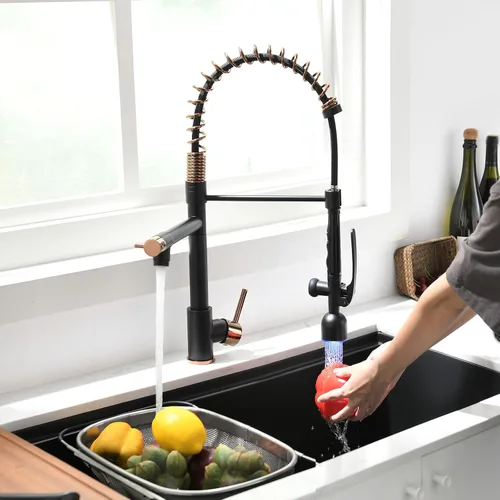 Miniatura 9 de Fapully - Grifo de fregadero de cocina comercial de una manija con rociador extraíble negro y oro rosa con luz LED