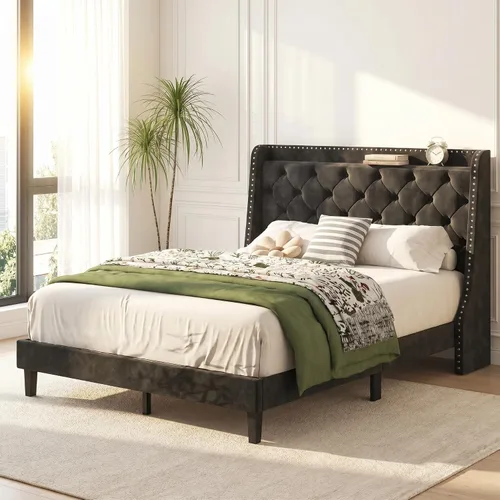 Miniatura 8 de SUNLEI Base de cama Queen con cabecera de almacenamiento, base de cama tapizada de terciopelo con cabecera copetuda con respaldo de alas, soporte