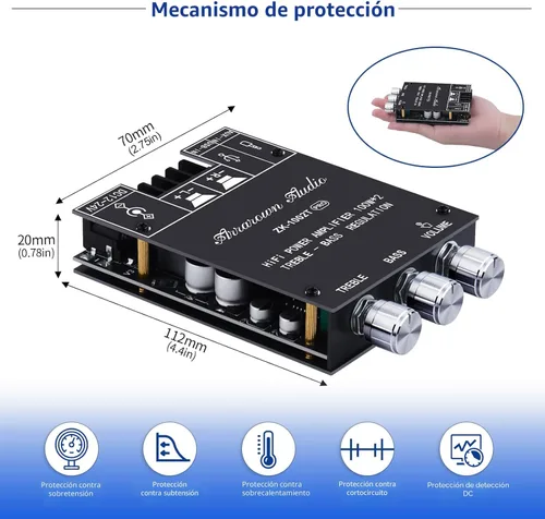 Miniatura 4 de ZK-1002T PRO 2.0 Canal Bluetooth 5.0 Tarjeta Amplificadora 200W HiFi Subwoofer Audio AMP con Agudos y Bajos, Entradas BT USB y AUX, Módulo AMP
