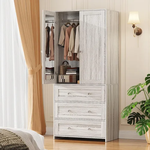 Miniatura 16 de VOWNER Armario Clóset con Cajones y Espejo, Gabinete de Almacenamiento de Ropa de 71" con Barra Colgante, Armario de Dos Puertas de Madera