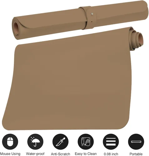 Miniatura 3 de Boutilon Almohadilla de piel protectora para escritorio, alfombrilla antideslizante para ratón, tapete de escritorio para computadora portátil, Caqui