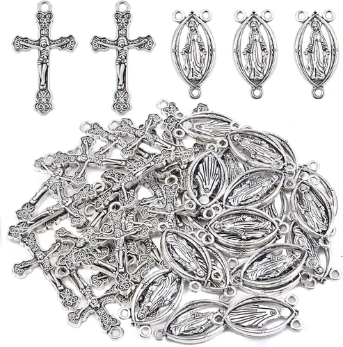 Miniatura 8 de 40 piezas de rosario de aleación tibetana con cruz y centro de María Milagrosa Medalla Jesús Crucifijo Crucifijo y eslabones ovalados de araña
