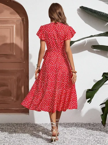 Miniatura 2 de WDIRARA Vestido midi cruzado de cintura alta con cuello en V y estampado floral para mujer