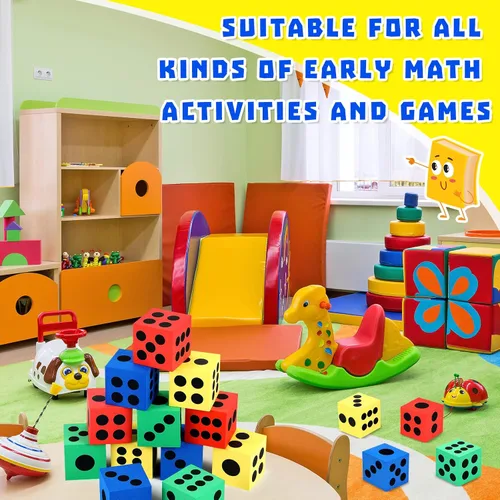 Miniatura 6 de Meooeck Paquete de 18 dados grandes de espuma de 2.48 pulgadas, coloridos dados jumbo con bolsa de almacenamiento para actividades educativas