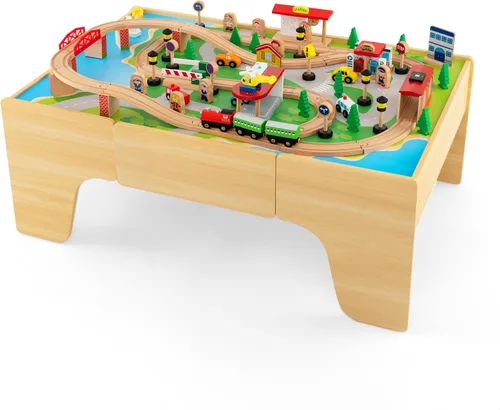 Miniatura 14 de HONEY JOY Mesa de tren, mesa de actividades de madera para niños con cajón de almacenamiento, 100 piezas multicolores, pistas, trenes, autos, juego