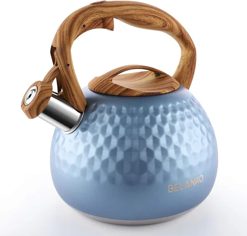 BELANKO - Tetera de acero inoxidable de 2.7 cuartos de galón para estufa, de grado alimenticio con mango de patrón de madera, con silbido fuerte,