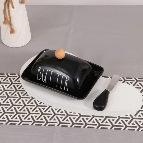 Miniatura 6 de oskas Mantequillera negra de porcelana de granja con tapa y cuchillo para encimera