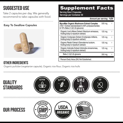 Miniatura 3 de Complejo de Hongos MycoMax - 70% Beta Glucanos, Suplemento de Hongos de Máxima Potencia, Cultivado en EE. UU. + Extracción Ultrasónica - Melena