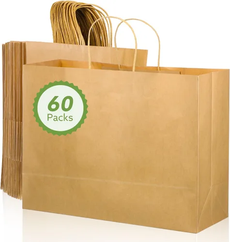 Woric 60 bolsas de papel marrón con asas, bolsas de regalo grandes de 16 x 6 x 12 pulgadas, multiusos, marrón sólido, papel sin recubrimiento, 60