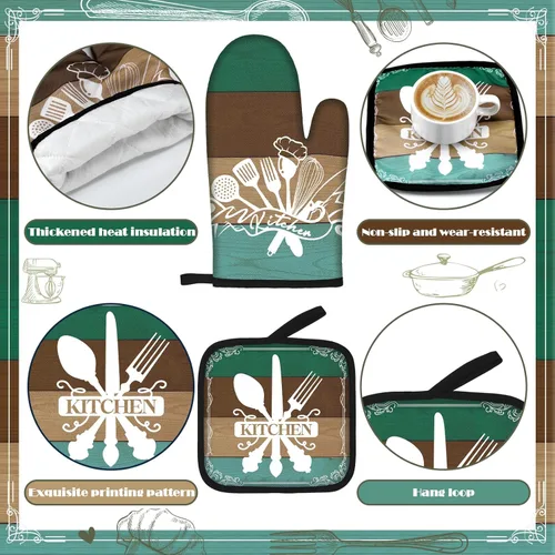 Miniatura 5 de Fourluoo Juego de 10 piezas de decoración y accesorios de cocina de granja, 4 toallas de cocina, 2 soportes para ollas, 2 guantes de horno, 2 Verde