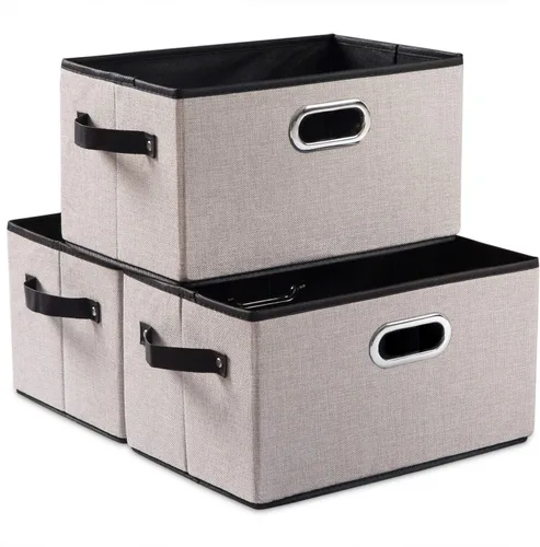 PRANDOM Contenedores Grandes de Almacenamiento Plegables para Armario [Paquete de 3] Cubos Decorativos de Tela de Lino con Asas de Cuero/Metal para