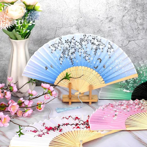 Miniatura 4 de Aneco 4 ventiladores plegables de mano, abanicos de tela de seda, abanicos de mano para bodas, fiestas, regalos, decoración de pared
