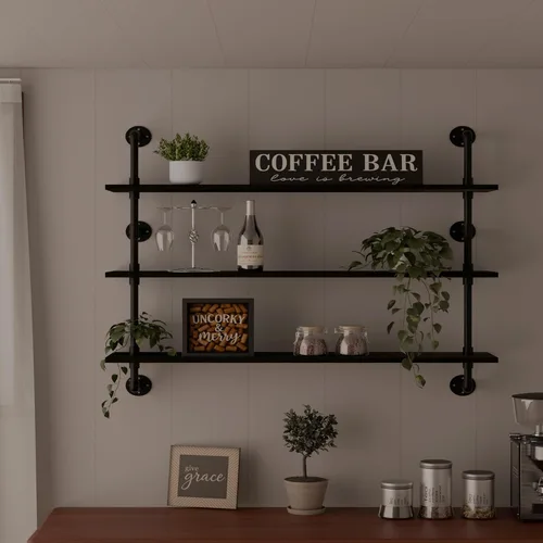 Miniatura 20 de HDDFER - Estantería industrial para tuberías rústicas en blanco, estantes de pared de tubería industrial con tablas de madera, estantes flotantes
