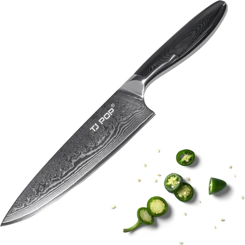 Miniatura 11 de TJ POP Cuchillo de tallado de Damasco para carne, cuchillo profesional de 8 pulgadas, diseño de espiga completa, hoja de acero japonesa VG-10, mango
