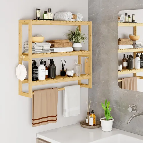 Miniatura 2 de RRX - Estante organizador de almacenamiento para baño, estante ajustable de 3 niveles, color beige Organizador de bambú para almacenamiento sobre