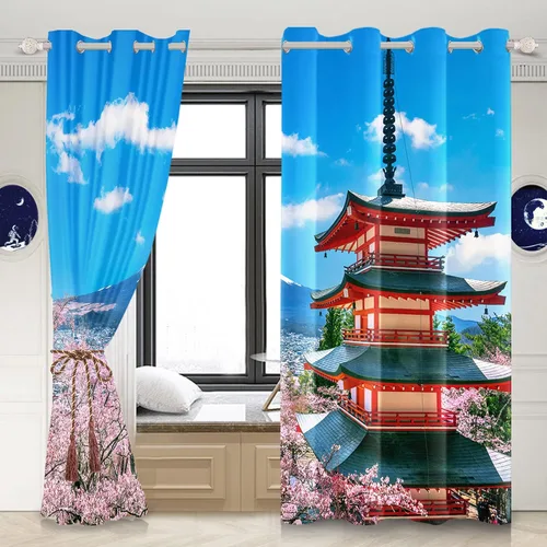 Miniatura 59 de Cortinas japonesas con pintura de tinta, monte Fuji, sol rojo, puesta de sol, hojas de bambú, cortinas de ventana para dormitorio, sala de estar