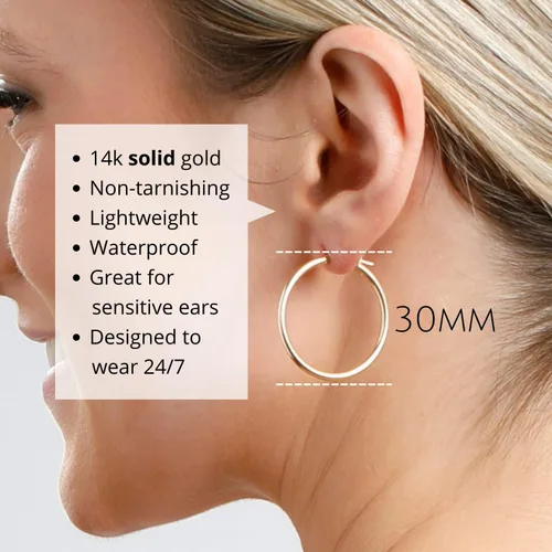 Miniatura 4 de MAX + STONE - Aretes de aro de oro macizo de 14 quilates para mujer, aretes de aro de oro amarillo o blanco de 14 quilates con parte superior