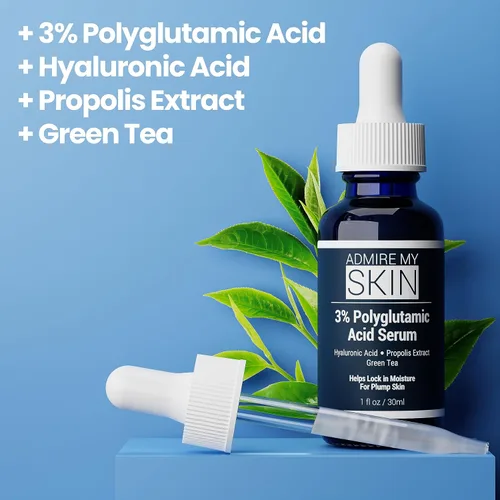 Miniatura 5 de Admire My Skin Suero facial de ácido poliglutámico orgánico – Potente hidratación y antienvejecimiento + ácido hialurónico + propóleos 1 oz