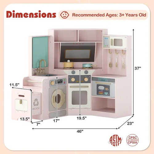 Miniatura 8 de Costzon Cocina de Juego de Esquina, Cocina Grande de Juego de Simulación con Luz y Sonido Reales, Bote de Basura Extraíble, Estufas, Microondas