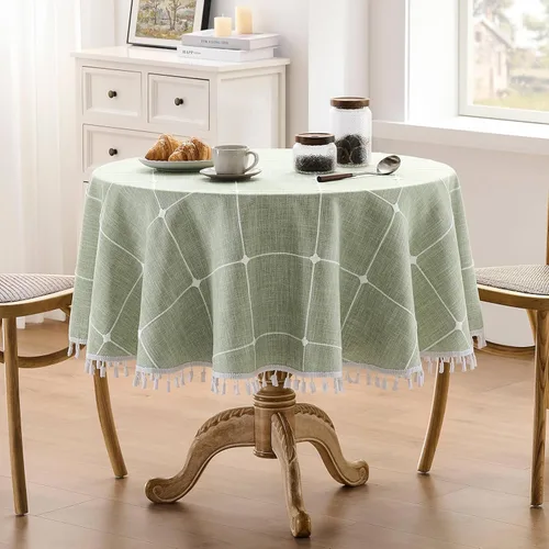 Miniatura 103 de ZeeMart - Mantel de mesa con diseño de cuadrícula boho y borlas (blanco roto, 132 cm x 132 cm), mantel de gran peso de lino a cuadros bordado