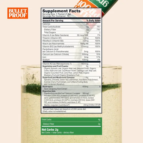 Miniatura 2 de Bulletproof Paquetes de verduras, 15 unidades, polvo de verduras diarias con superalimentos y nootrópicos, porción completa de verduras, nutrientes