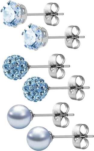 Miniatura 19 de JewelrieShop - Juego de aretes de tuerca de acero inoxidable con circonitas cúbicas y perlas de imitación, 3 pares de 0.236 in