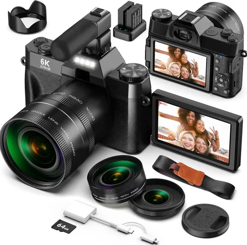 Yatao Cámaras digitales para fotografía y vlogging, pantalla giratoria 6K 64MP, lente dual, micrófono para video, tarjeta TF de 64GB, cámara
