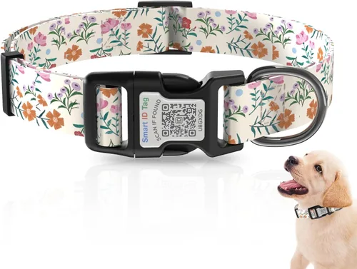 Collares de perro para perros grandes, collar de perro con etiqueta de nombre de código QR, material de poliéster suave, collar ajustable para Flor