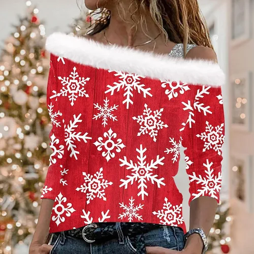 Miniatura 4 de GIANTHONG Christmas Sweatshirts For Women Casual Xmas Tree Winter Clothes Long Sleeve Shirts Party Tops Off Shoulder Blouse