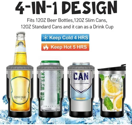 Miniatura 2 de Enfriador de latas de acero inoxidable de 14 oz, 4 en 1, con aislante para botellas de cerveza de 12 oz, con 2 tapas, enfriador térmico aislado