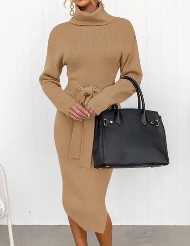 Miniatura 75 de ZESICA - Vestido por debajo de la rodilla de suéter, de cuello alto, para mujer, de manga larga, de punto acanalado, con abertura y cinturón