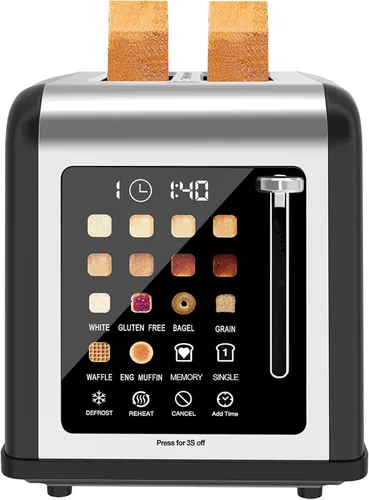 Tostadora de 2 rebanadas con pantalla táctil, tostadoras de acero inoxidable con temporizador digital, tostadoras de 2 ranuras, 8 ajustes de sombra,