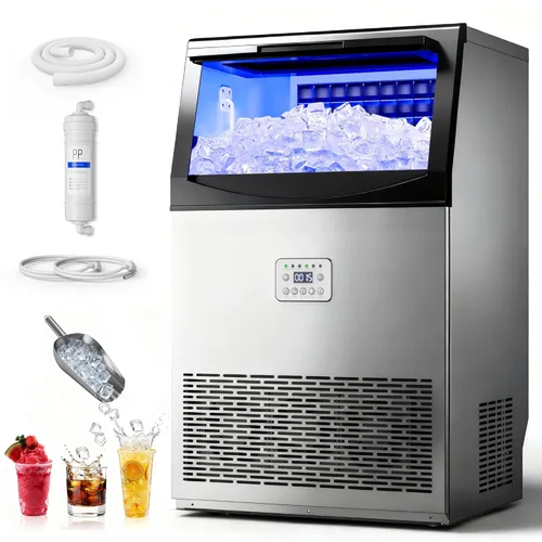 Manastin Máquina de hielo comercial, máquina de hielo grande de 100 libras/24 horas con capacidad de almacenamiento de 33 libras, máquina de hielo