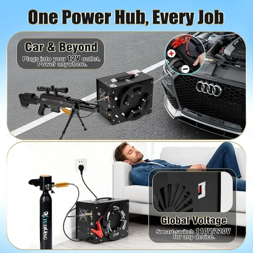 Miniatura 2 de TUXING Compresor de aire PCP, bomba de aire de alta presión 4500 Psi 30 Mpa, convertidor de potencia DC12V/AC120V incorporado, parada automática
