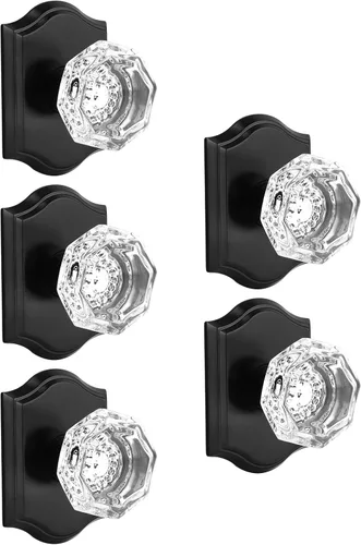 Miniatura 14 de Gobrico Paquete de 2 pomos de puerta falsos, pomos de puerta de cristal transparente en forma de octágono con roseta arqueada, manija de puerta Negro