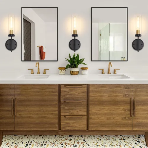 Miniatura 7 de Juego de 2 apliques de pared modernos, luces de tocador de baño negras y doradas con vidrio transparente, juego de 2 apliques de pared con cableado