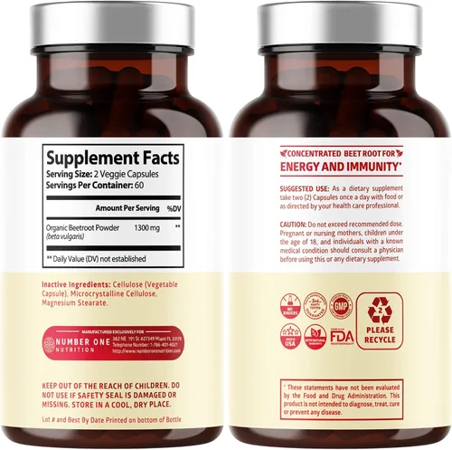 Miniatura 2 de N1N Cápsulas orgánicas de raíz de remolacha de 1300 mg 200 cápsulas vegetales [sin OMG y sin gluten] Polvo de raíz de remolacha natural