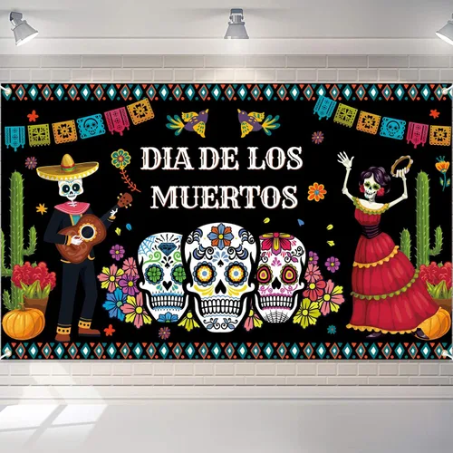 Decoraciones del Día de los Muertos, telón de fondo de pancarta del día de los muertos, fondo de fotografía de flores de calavera de azúcar para