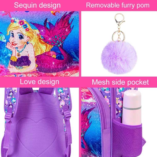 Miniatura 5 de KLFVB 3 mochilas de sirena de unicornio para niñas, bolsa de libros y lonchera de lentejuelas de 16 pulgadas, mochilas preescolares para primaria
