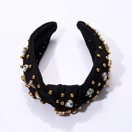 Miniatura 5 de Diademas anudadas de cristal para mujer, diademas brillantes con diamantes de imitación, cuentas doradas anchas adornadas, accesorios para el Negro