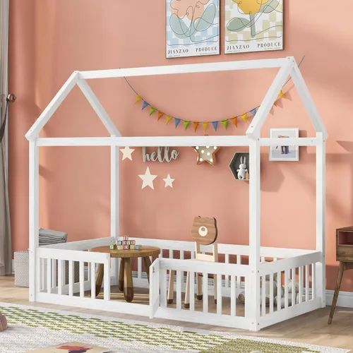 Miniatura 10 de VilroCaz Cama de casa de tamaño matrimonial para niños, marco de cama Montessori de madera maciza con valla y puerta para niños y niñas, diseño