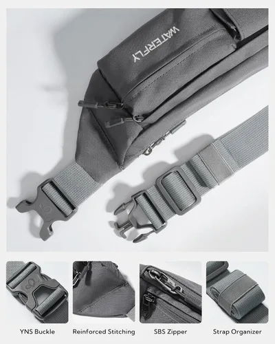 Miniatura 7 de WATERFLY Cangurera cruzada pequeña: 5 bolsillos delgado ligero cinturón cadera bolsa para mujeres hombres bolsa de pecho resistente al agua para Gris