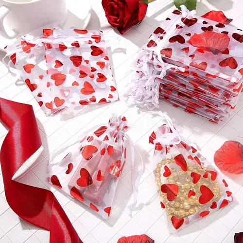 Miniatura 2 de SIROGOGO 50 bolsas de organza para el día de San Valentín, bolsas de dulces de corazón rojo, bolsas de joyería, bolsas con cordón para embalaje