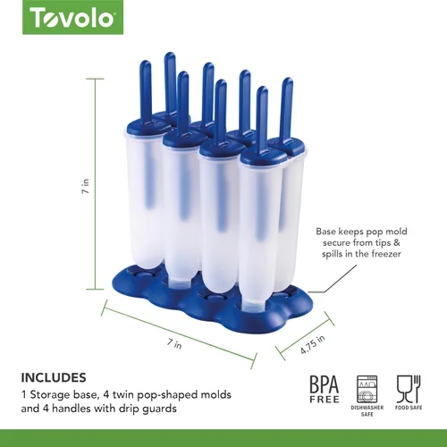 Miniatura 3 de Tovolo Molde para paletas gemelas con palillos, paquete de 4 moldes reutilizables para paletas de hielo con sabor casero, golosinas congeladas, Azul