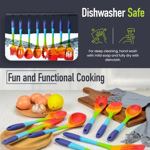 Miniatura 6 de Juego de espátulas de silicona arcoíris de 9 piezas con pinzas, utensilios de cocina multicolores resistentes al calor para utensilios de cocina