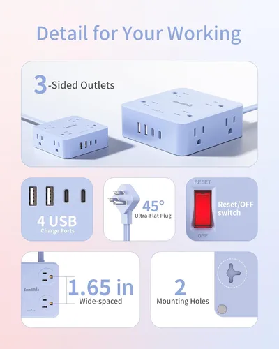 Miniatura 5 de SMALLRT - Cable de extensión con múltiples tomas, extensor de salida con protector de sobretensiones, enchufe plano de 6.5 pies con puertos USB, 8